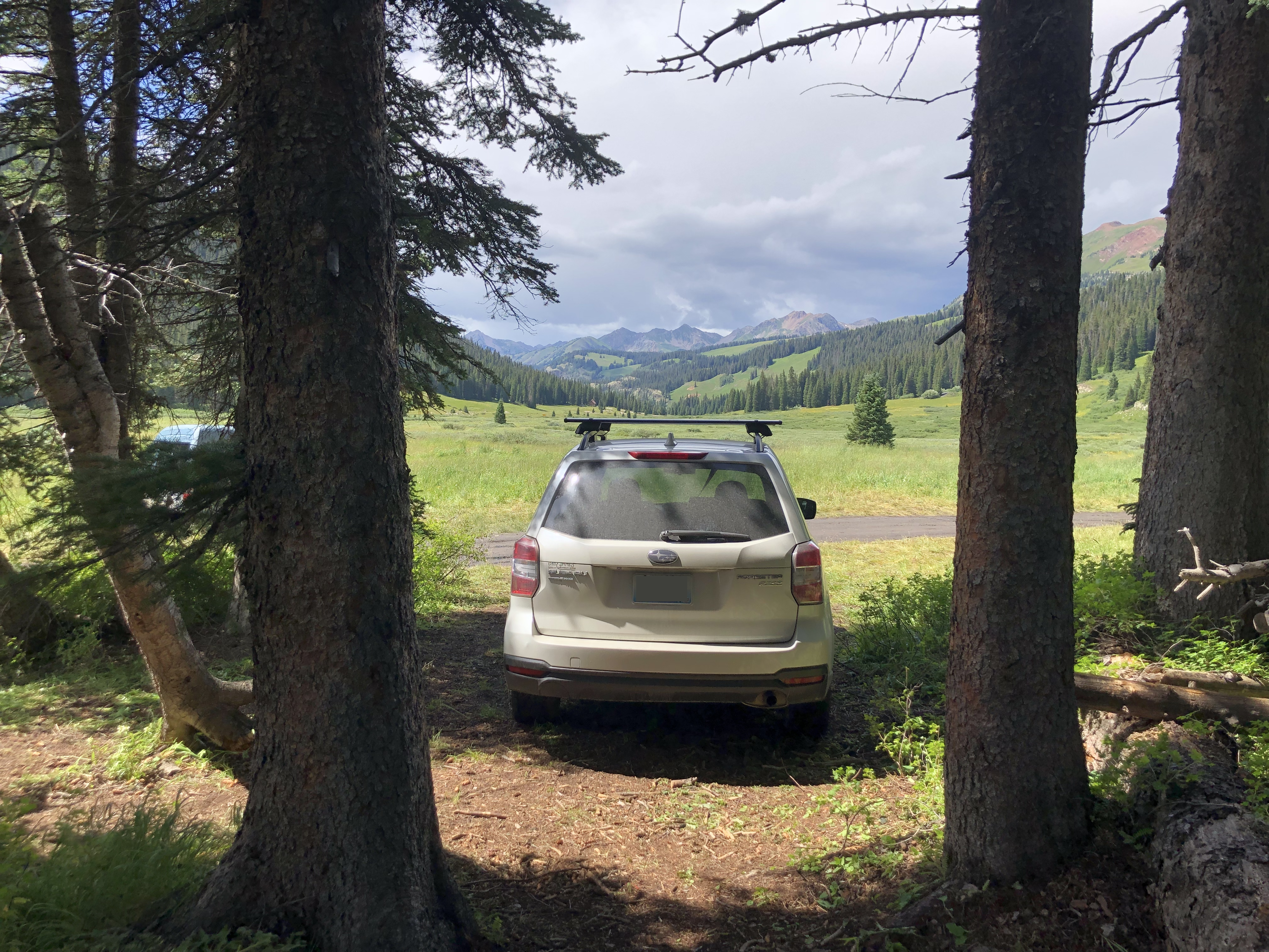 A parked Suburu Forester between trees looks out towards a large mountain chain in the Colorado Rockies