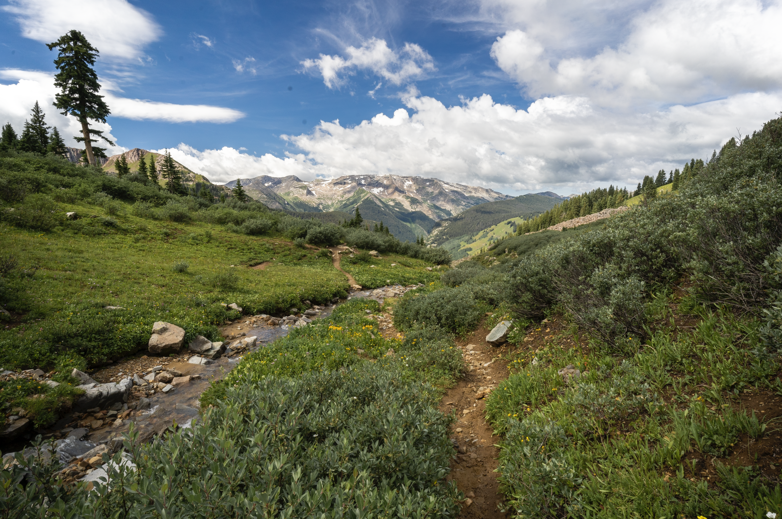 Trail running along a mountain stream with a panorama view of mountains in the background