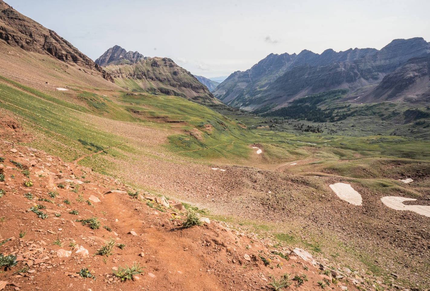 Atop West Maroon Pass, looking ahead at the valley I would hike